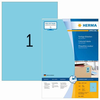 Herma No. 4403 kék színű 210 x 297 mm méretű, univerzálisan nyomtatható, matt felületű öntapadós etikett címke, permanens ragasztóval A4-es íven - kiszerelés: 100 címke / 100 ív