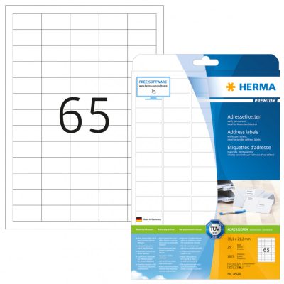 Herma No. 4504 fehér színű 38,1 x 21,2 mm méretű, univerzálisan nyomtatható, öntapadós etikett címke, permanens ragasztóval A4-es íven - kiszerelés: 1625 címke / 25 ív