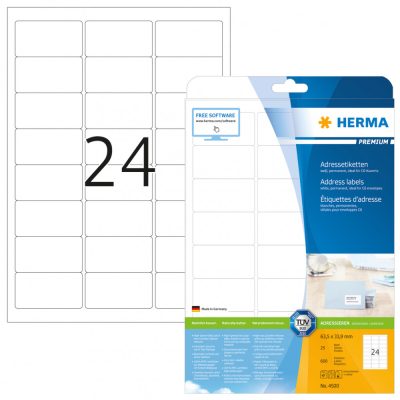 Herma No. 4500 fehér színű 63,5 x 33,9 mm méretű, univerzálisan nyomtatható, öntapadós etikett címke, permanens ragasztóval A4-es íven - kiszerelés: 600 címke / 25 ív