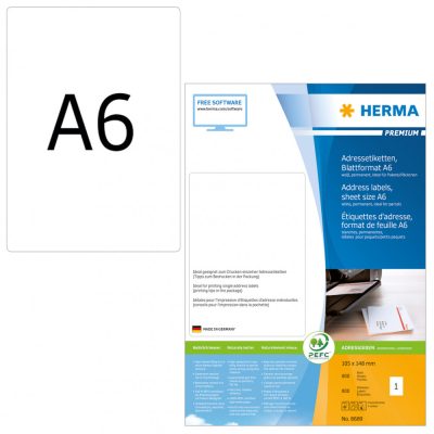 Herma No. 8689 fehér színű 105 x 148 mm méretű, univerzálisan nyomtatható, öntapadós etikett címke, permanens ragasztóval A6-os íven - kiszerelés: 800 címke / 800 ív