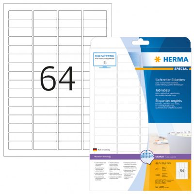 Herma No. 4201 fehér színű 45,7 x 16,9 mm méretű, univerzálisan nyomtatható, öntapadós etikett címke, visszaszedhető ragasztóval A4-es íven - kiszerelés: 1600 címke / 25 ív