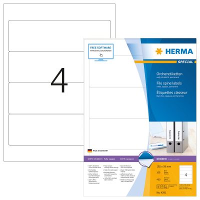 Herma No. 4291 univerzális 192 x 59 mm méretű, fehér öntapadó iratrendező címke A4-es íven - 400 iratrendező címke / doboz - 100 ív / doboz (Herma 4291)