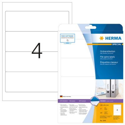 Herma No. 5095 univerzális 192 x 61 mm méretű, fehér öntapadó iratrendező címke A4-es íven - 100 iratrendező címke / csomag - 25 ív / csomag (Herma 5095)