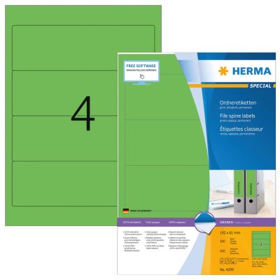 Herma No. 4299 univerzális 192 x 61 mm méretű, zöld öntapadó iratrendező címke A4-es íven - 400 iratrendező címke / doboz - 100 ív / doboz (Herma 4299)