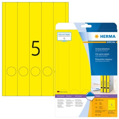 Herma No. 5131 univerzális 38 x 297 mm méretű, sárga öntapadó iratrendező címke A4-es íven - 100 iratrendező címke / csomag - 20 ív / csomag (Herma 5131)