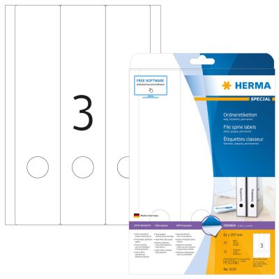 Herma No. 5135 univerzális 61 x 297 mm méretű, fehér öntapadó iratrendező címke A4-es íven - 75 iratrendező címke / csomag - 25 ív / csomag (Herma 5135)