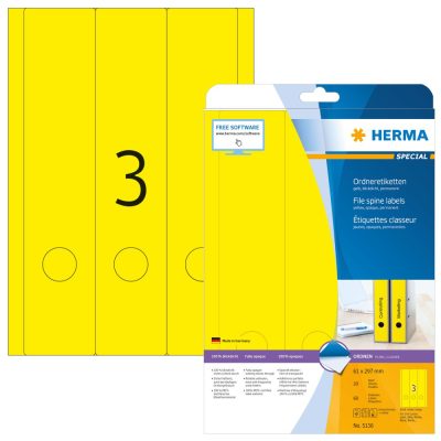 Herma No. 5136 univerzális 61 x 297 mm méretű, sárga öntapadó iratrendező címke A4-es íven - 60 iratrendező címke / csomag - 20 ív / csomag (Herma 5136)