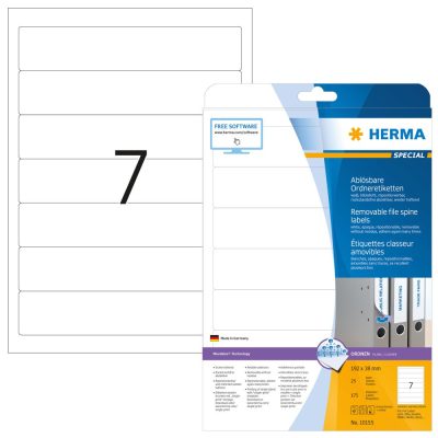 Herma No. 10155 univerzális 192 x 38 mm méretű, visszaszedhető fehér öntapadó iratrendező címke A4-es íven - 175 iratrendező címke / csomag - 25 ív / csomag (Herma 10155)