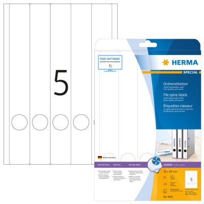 Herma No. 4830 tintasugaras 38 x 297 mm méretű, fehér öntapadó iratrendező címke A4-es íven - 125 iratrendező címke / csomag - 25 ív / csomag (Herma 4830)