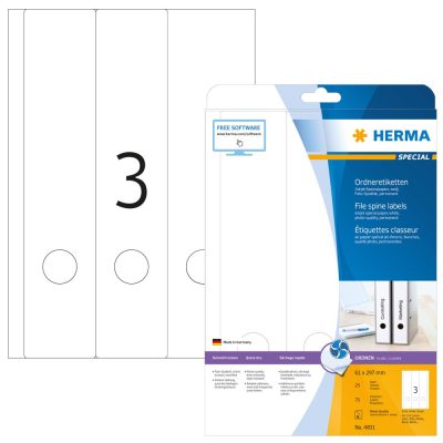 Herma No. 4831 tintasugaras 61 x 297 mm méretű, fehér öntapadó iratrendező címke A4-es íven - 75 iratrendező címke / csomag - 25 ív / csomag (Herma 4831)