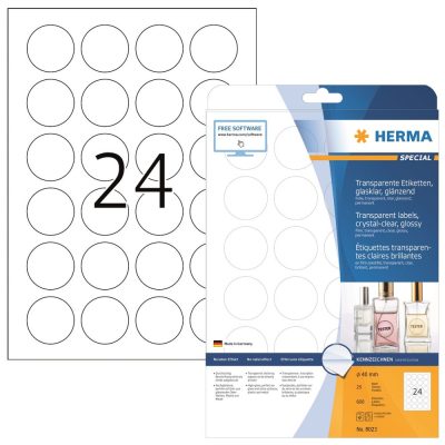 Herma No. 8023 víztiszta átlátszó 40 mm átmérőjű, lézernyomtatóval nyomtatható, fényes felületű öntapadós etikett címke, permanens ragasztóval A4-es íven - kiszerelés: 600 címke / 25 ív