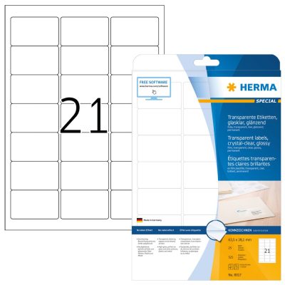 Herma No. 8017 víztiszta átlátszó 63,5 x 38,1 mm méretű, lézernyomtatóval nyomtatható, fényes felületű öntapadós etikett címke, permanens ragasztóval A4-es íven - kiszerelés: 525 címke / 25 ív