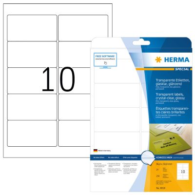 Herma No. 8018 víztiszta átlátszó 96 x 50,8 mm méretű, lézernyomtatóval nyomtatható, fényes felületű öntapadós etikett címke, permanens ragasztóval A4-es íven - kiszerelés: 250 címke / 25 ív