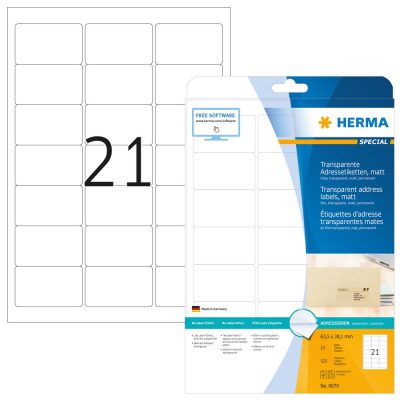 Herma No. 8670 átlátszó 63,5 x 38,1 mm méretű, lézernyomtatóval nyomtatható, matt felületű öntapadós etikett címke, permanens ragasztóval A4-es íven - kiszerelés: 525 címke / 25 ív