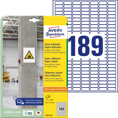 Avery Zweckform No. L7871-20 univerzális 25,4 x 10 mm méretű, fehér öntapadó etikett címke extra erős ragasztóval A4-es íven - 3780 címke / csomag - 20 ív / csomag (Avery L7871-20)
