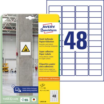 Avery Zweckform No. L7873-20 univerzális 45,7 x 21,2 mm méretű, fehér öntapadó etikett címke extra erős ragasztóval A4-es íven - 960 címke / csomag - 20 ív / csomag (Avery L7873-20)