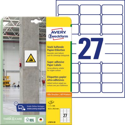 Avery Zweckform No. L7874-20 univerzális 63,5 x 29,6 mm méretű, fehér öntapadó etikett címke extra erős ragasztóval A4-es íven - 540 címke / csomag - 20 ív / csomag (Avery L7874-20)