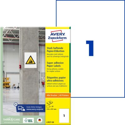 Avery Zweckform No. L7877-20 univerzális 210 x 297 mm méretű, fehér öntapadó etikett címke extra erős ragasztóval A4-es íven - 20 címke / csomag - 20 ív / csomag (Avery L7877-20)