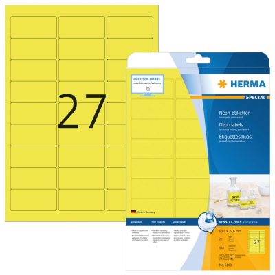 Herma No. 5140 univerzális 63,5 x 29,6 mm méretű, neonsárga színű öntapadó etikett címke A4-es íven - 540 etikett címke / csomag - 20 ív / csomag (Herma 5140)