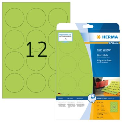 Herma No. 5155 univerzális 60 mm átmérőjű, neonzöld színű öntapadó etikett címke A4-es íven - 240 etikett címke / csomag - 20 ív / csomag (Herma 5155)