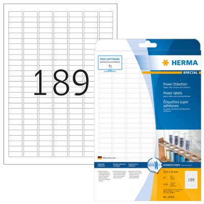 Herma No. 10900 fehér színű 25,4 x 10 mm méretű, univerzálisan nyomtatható, öntapadós etikett címke, 2-szer erősebben tapadó ragasztóval A4-es íven - kiszerelés: 4725 címke / 25 ív
