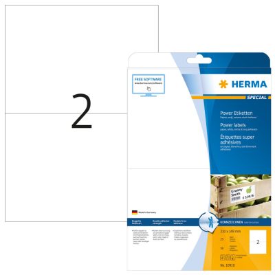 Herma No. 10910 fehér színű 210 x 148 mm méretű, univerzálisan nyomtatható, öntapadós etikett címke, 2-szer erősebben tapadó ragasztóval A4-es íven - kiszerelés: 50 címke / 25 ív