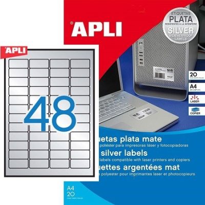 APLI No. 10066 ezüst színű 45,7 x 21,2 mm méretű, lézernyomtatóval nyomtatható, öntapadós ipari etikett címke, erős, tartós ragasztóval A4-es íven - kiszerelés: 960 címke / 20 ív (LCA10066)