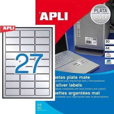 APLI No. 10070 ezüst színű 63,5 x 29,6 mm méretű, lézernyomtatóval nyomtatható, öntapadós ipari etikett címke, erős, tartós ragasztóval A4-es íven - kiszerelés: 540 címke / 20 ív (LCA10070)