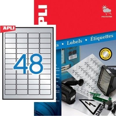 APLI No. 12973 ezüst színű 45,7 x 21,2 mm méretű, lézernyomtatóval nyomtatható, öntapadós ipari etikett címke, erős, tartós ragasztóval A4-es íven - kiszerelés: 4800 címke / 100 ív (LCA12973)