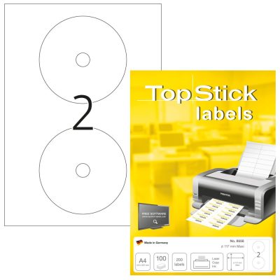 TopStick No. 8656 fehér színű 117 mm átmérőjű, univerzálisan nyomtatható, öntapadós CD/DVD címke, permanens ragasztóval A4-es íven - kiszerelés: 200 címke / 100 ív
