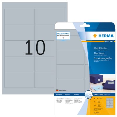 Herma No. 4099 ezüst színű 96 x 50,8 mm méretű, lézernyomtatóval nyomtatható, fényes felületű öntapadós dekorációs címke, permanens ragasztóval A4-es íven - 250 címke / csomag - 25 ív / csomag