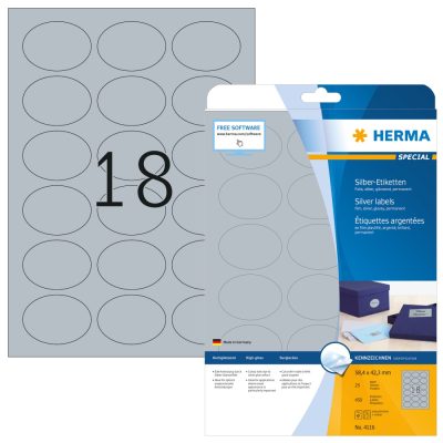 Herma No. 4116 ezüst színű 58,4 x 42,3 mm méretű, lézernyomtatóval nyomtatható, fényes felületű öntapadós dekorációs címke, permanens ragasztóval A4-es íven - 450 címke / csomag - 25 ív / csomag