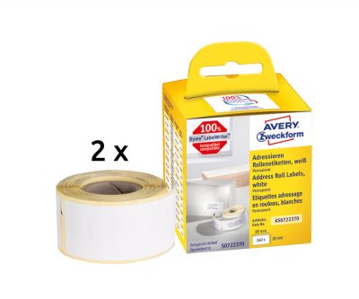 Avery Zweckform No. AS0722370 fehér színű 28 x 89 mm méretű, nyomtatható öntapadós tekercses címzés címke, permanens ragasztóval - kiszerelés: 130 címke / tekercs, 2 tekercs / doboz