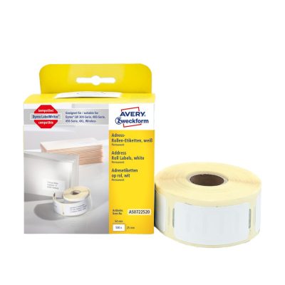 Avery Zweckform No. AS0722520 fehér színű 25 x 54 mm méretű, nyomtatható öntapadós tekercses címzés címke, permanens ragasztóval - kiszerelés: 500 címke / tekercs, 1 tekercs / doboz