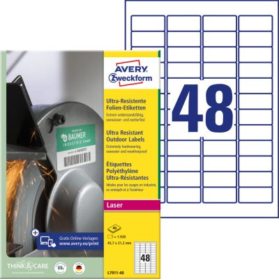 Avery Zweckform No. L7911-40 fehér színű 45,7 x 21,2 mm méretű, lézernyomtatóval nyomtatható, ultra ellenálló öntapadós etikett címke, erős, tartós ragasztóval A4-es íven - kiszerelés: 1920 címke / 40 ív