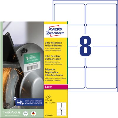 Avery Zweckform No. L7914-40 fehér színű 99,1 x 67,7 mm méretű, lézernyomtatóval nyomtatható, ultra ellenálló öntapadós etikett címke, erős, tartós ragasztóval A4-es íven - kiszerelés: 320 címke / 40 ív