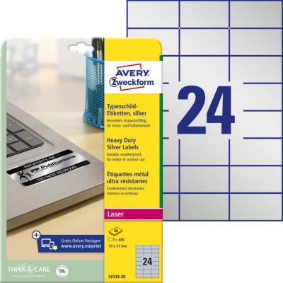 Avery Zweckform No. L6133-20 ezüst színű 70 x 37 mm méretű, lézernyomtatóval nyomtatható, öntapadós ipari etikett címke, erős, tartós ragasztóval A4-es íven - kiszerelés: 480 címke / 20 ív