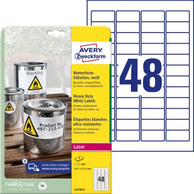 Avery Zweckform No. L4778-8 fehér színű 45,7 x 21,2 mm méretű, lézernyomtatóval nyomtatható, öntapadós időjárásálló etikett címke, erős, tartós ragasztóval A4-es íven - kiszerelés: 384 címke / 8 ív
