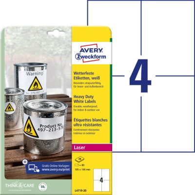 Avery Zweckform No. L4719-20 fehér színű 105 x 148 mm méretű, lézernyomtatóval nyomtatható, öntapadós időjárásálló etikett címke, erős, tartós ragasztóval A4-es íven - kiszerelés: 80 címke / 20 ív
