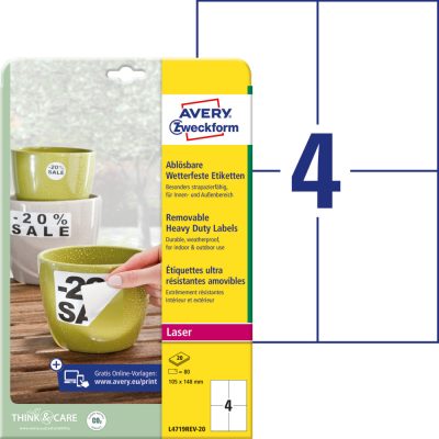 Avery Zweckform No. L4719REV-20 fehér színű 105 x 148 mm méretű, lézernyomtatóval nyomtatható, öntapadós időjárásálló etikett címke, visszaszedhető ragasztóval A4-es íven - 80 címke / 20 ív