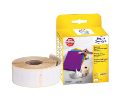 Avery Zweckform No. AS0722550 fehér színű 19 x 51 mm méretű, nyomtatható öntapadós tekercses etikett címke, visszaszedhető ragasztóval - kiszerelés: 500 címke / tekercs, 1 tekercs / doboz