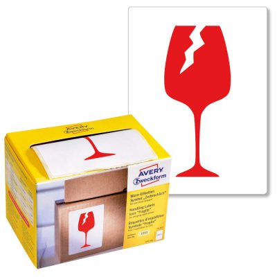 Avery Zweckform No. 7251 figyelemfelhívó, 74 x 100 mm méretű, "vigyázat törékeny" piktogrammal előre megnyomtatott öntapadós tekercses etikett címke - doboz tartalma: 1 tekercs, 200 darab címke