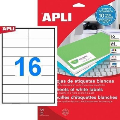 APLI No. 12922 fehér színű 105 x 37 mm méretű, univerzálisan nyomtatható, öntapadós etikett címke, permanens ragasztóval A4-es íven - kiszerelés: 160 címke / 10 ív (LCA12922)