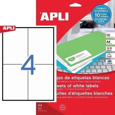 APLI No. 12919 fehér színű 105 x 148 mm méretű, univerzálisan nyomtatható, öntapadós etikett címke, permanens ragasztóval A4-es íven - kiszerelés: 40 címke / 10 ív (LCA12919)
