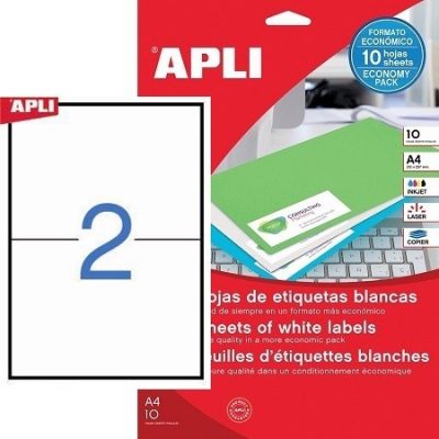 APLI No. 12918 fehér színű 210 x 148 mm méretű, univerzálisan nyomtatható, öntapadós etikett címke, permanens ragasztóval A4-es íven - kiszerelés: 20 címke / 10 ív (LCA12918)