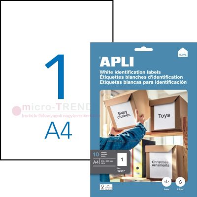APLI No. 12917 fehér színű 210 x 297 mm méretű, univerzálisan nyomtatható, öntapadós etikett címke, permanens ragasztóval A4-es íven - kiszerelés: 10 címke / 10 ív (LCA12917)