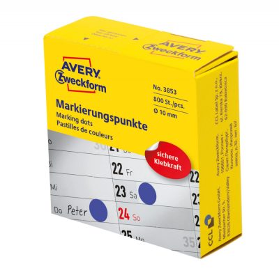 Avery Zweckform No. 3853 kék színű, 10 mm átmérőjű, tekercses öntapadós jelölő címke adagoló dobozban - doboz tartalma: 1 tekercs, 800 darab címke