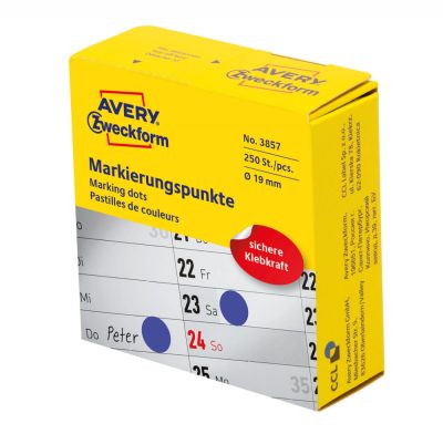 Avery Zweckform No. 3857 kék színű, 19 mm átmérőjű, tekercses öntapadós jelölő címke adagoló dobozban - doboz tartalma: 1 tekercs, 250 darab címke