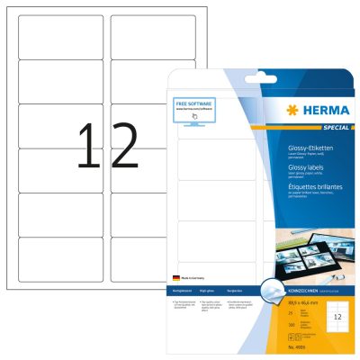 Herma No. 4906 fehér színű 88,9 x 46,6 mm méretű, lézernyomtatóval nyomtatható, fényes felületű öntapadós etikett címke, permanens ragasztóval A4-es íven - kiszerelés: 300 címke / 25 ív