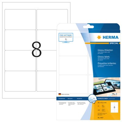Herma No. 4907 fehér színű 96 x 63,5 mm méretű, lézernyomtatóval nyomtatható, fényes felületű öntapadós etikett címke, permanens ragasztóval A4-es íven - kiszerelés: 200 címke / 25 ív